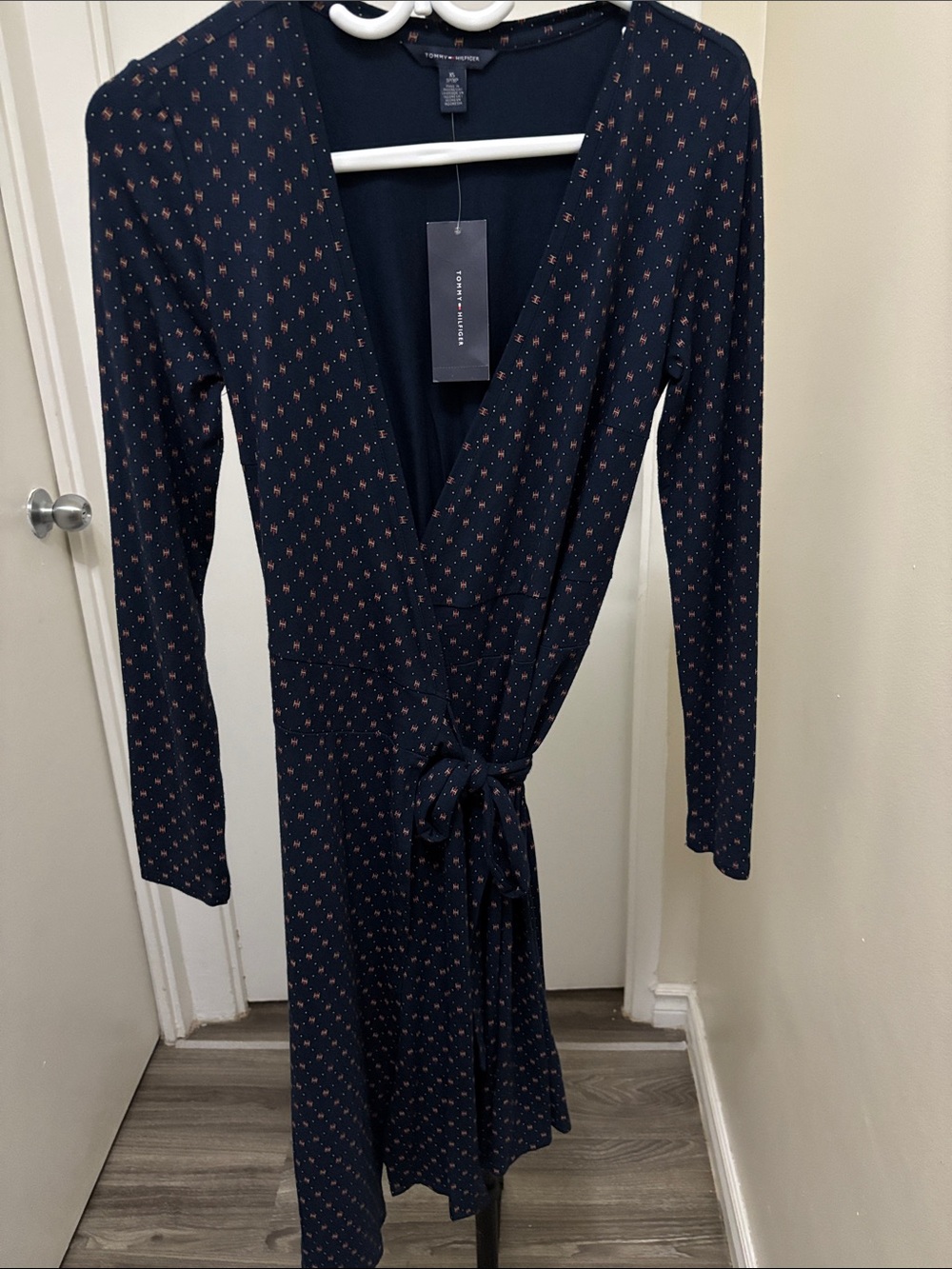 Tommy Hilfiger Navy Wrap Dress with Small Coral Dot Pattern